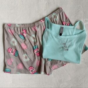 Pj Couture Love You A Latte Coffee PJ Set Sleeveless Top Shorts Aqua L NWT